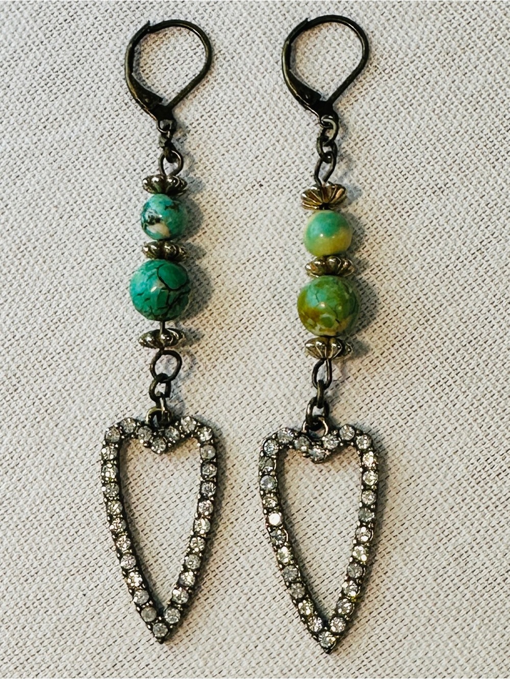 Turquoise Bead Heart Drop Earrings with Rhinestones - Unbranded